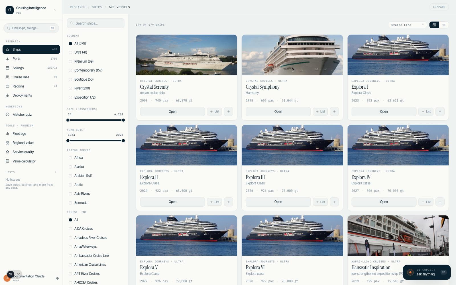 Ship browser — live ship research grid
