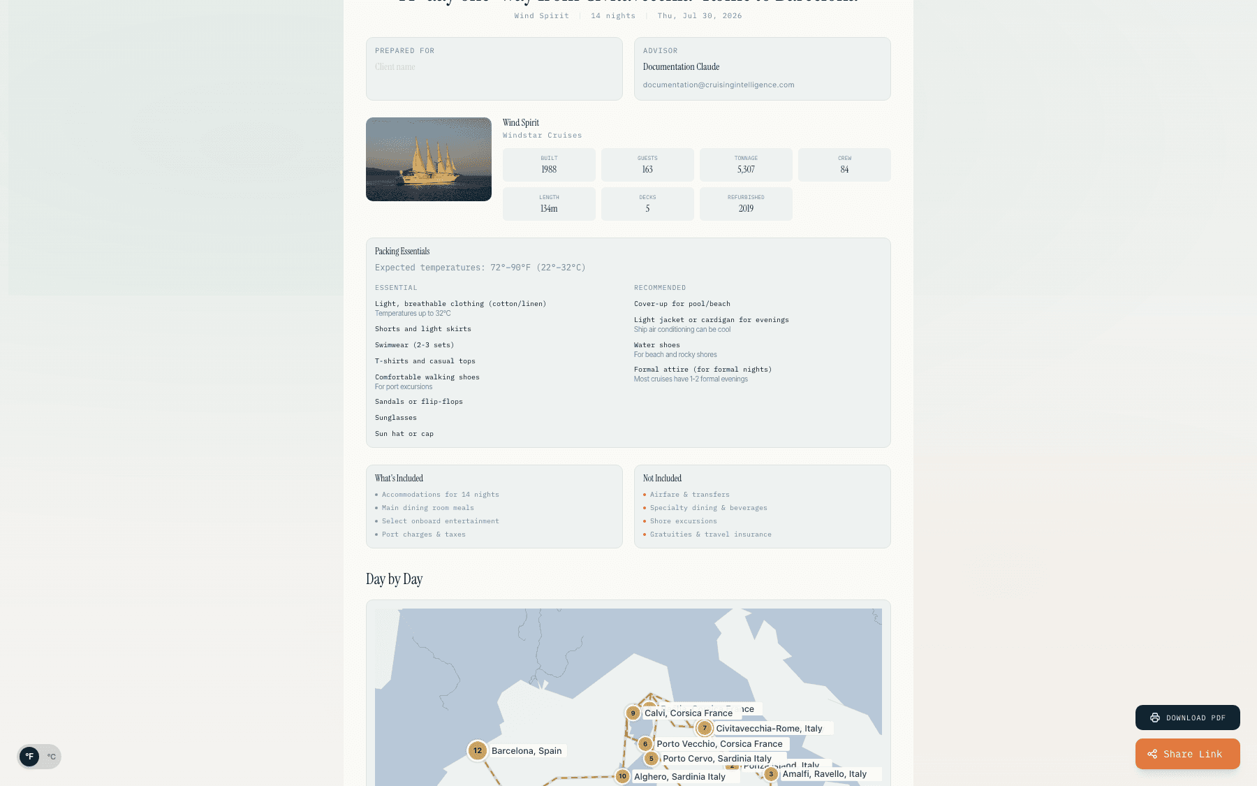 Itinerary export page with ship details, packing list, route map, and a download PDF button