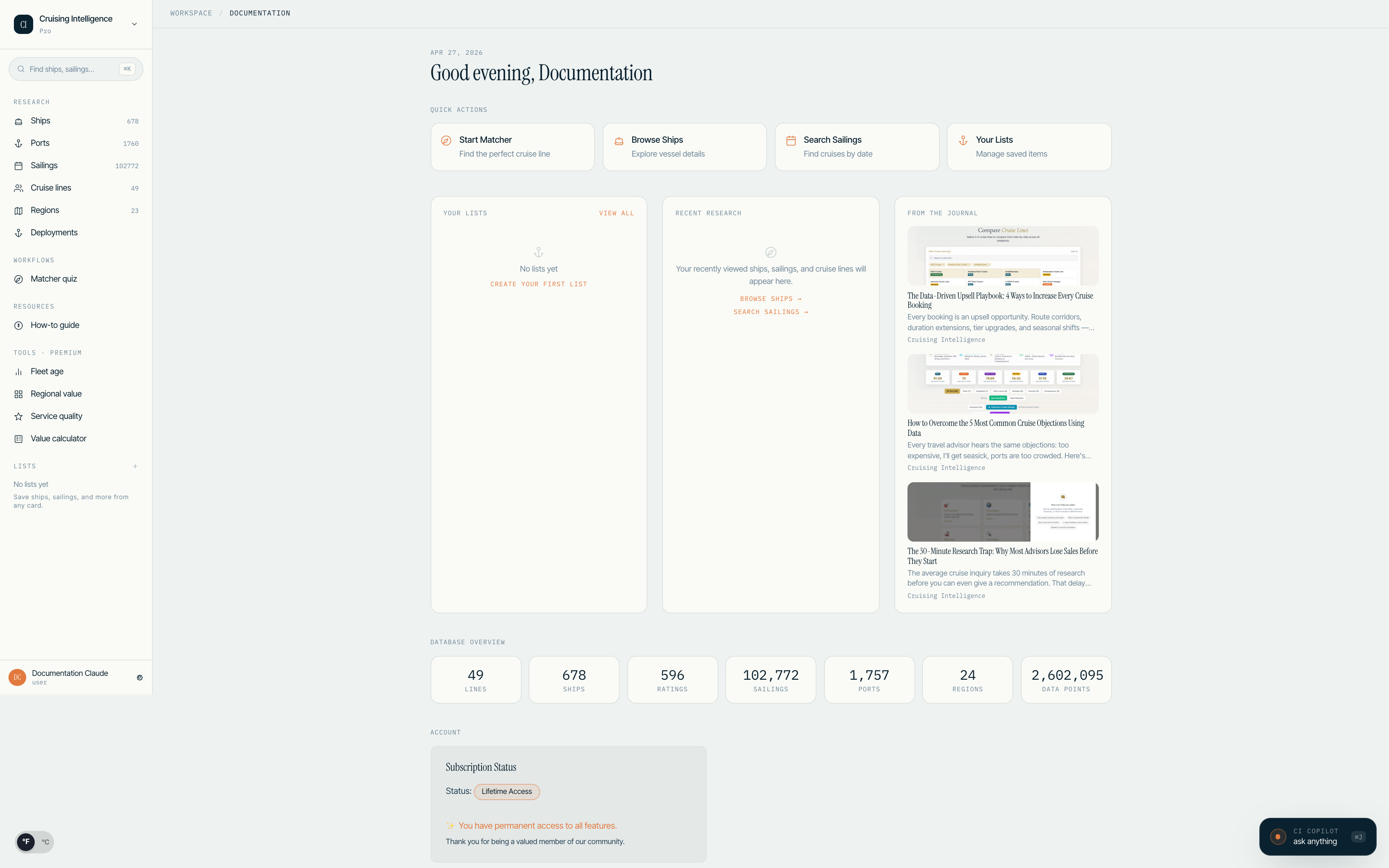 Harbor dashboard showing pinned lists, recent research, and deployment snapshot