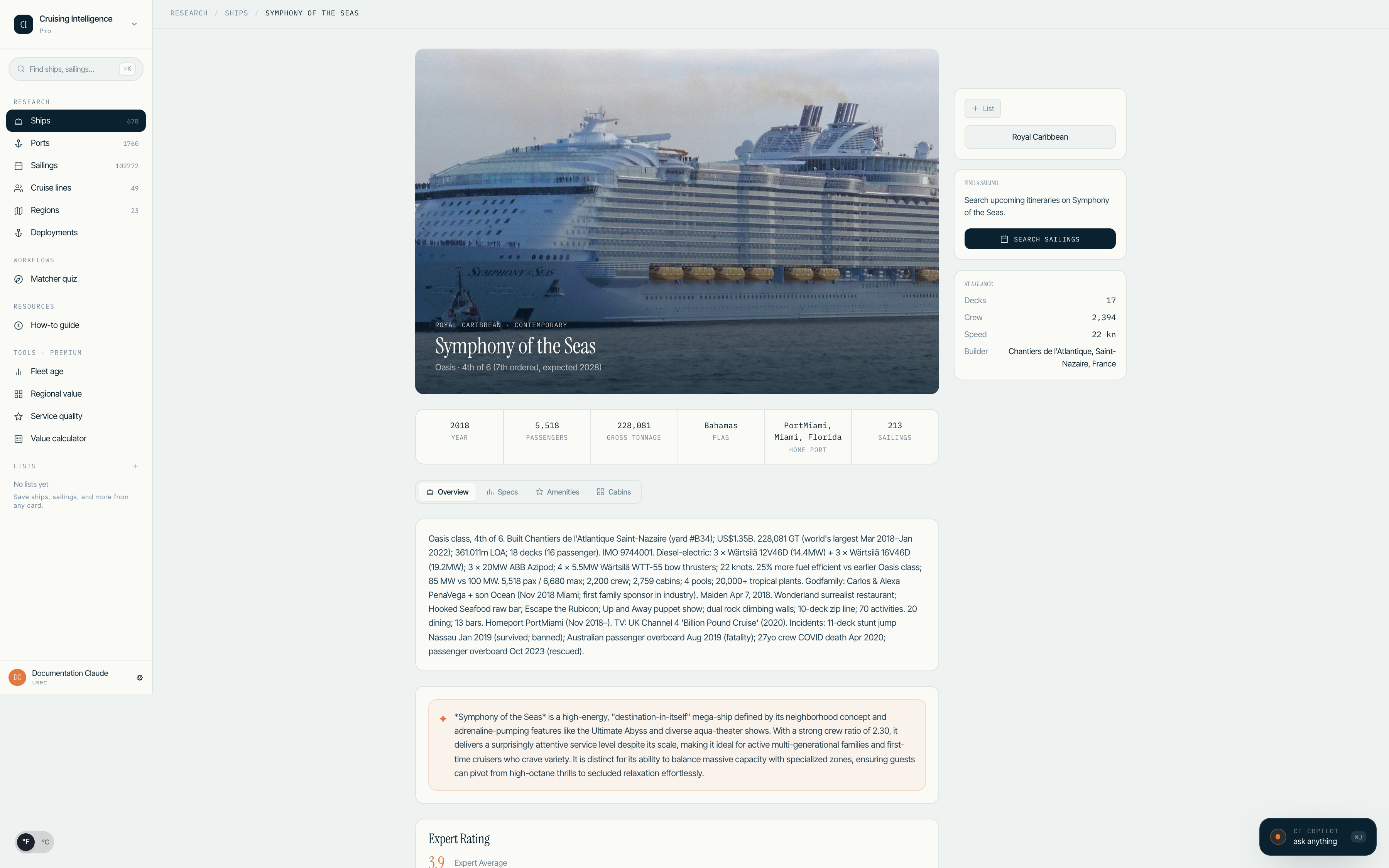 Ship detail page showing hero image, fact strip, and tab navigation