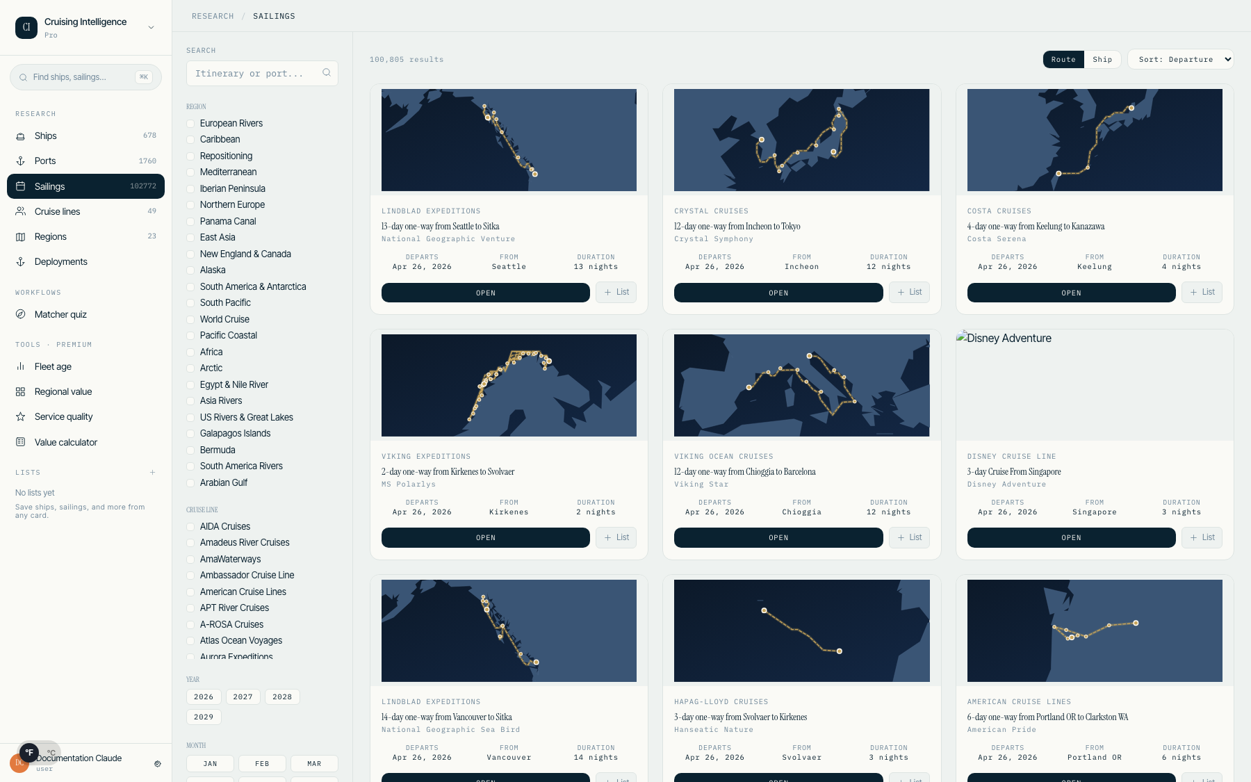 Sailings search page with filter rail and result cards