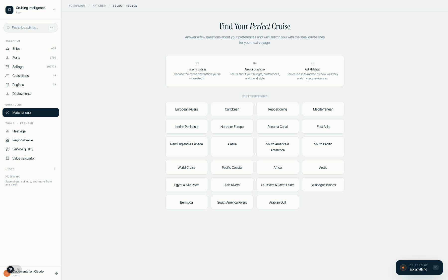 Cruise matcher quiz showing card-style radio options and progress indicator