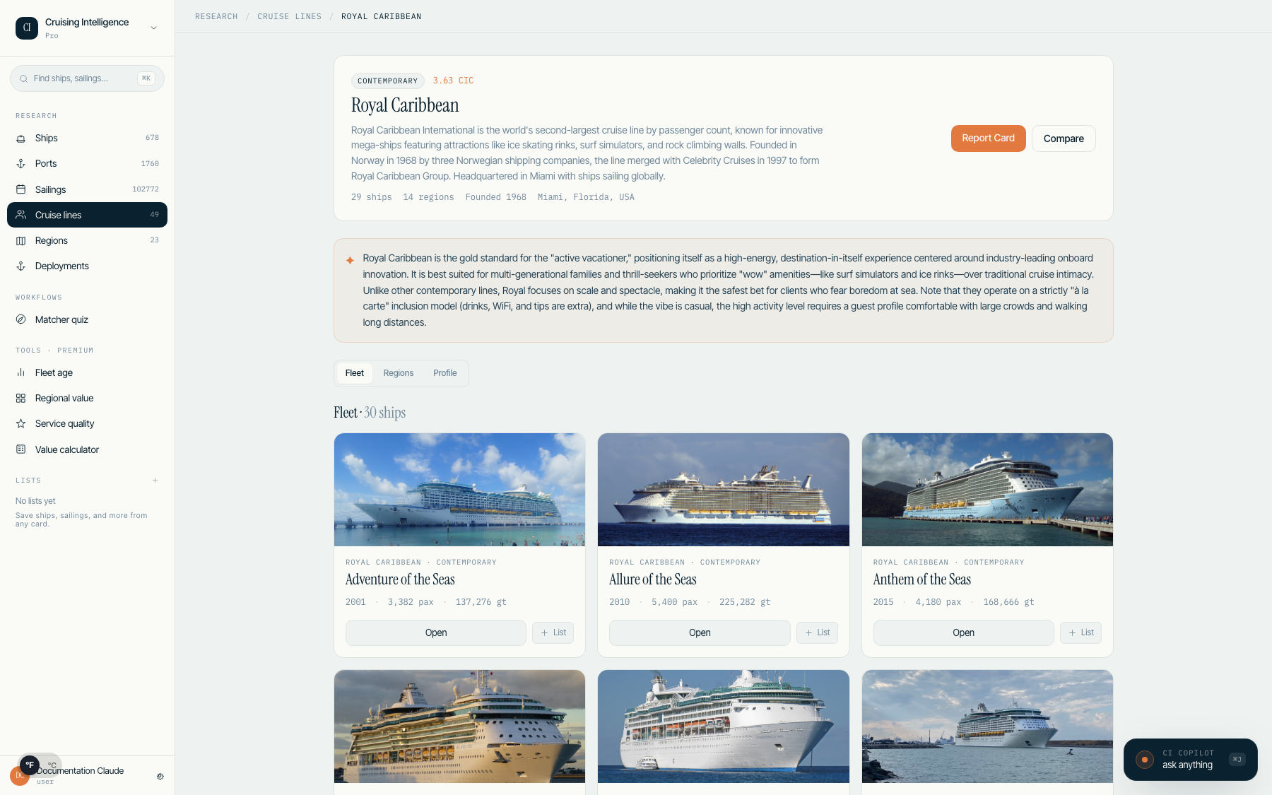 Cruise line detail page with Fleet, Regions, and Profile tabs