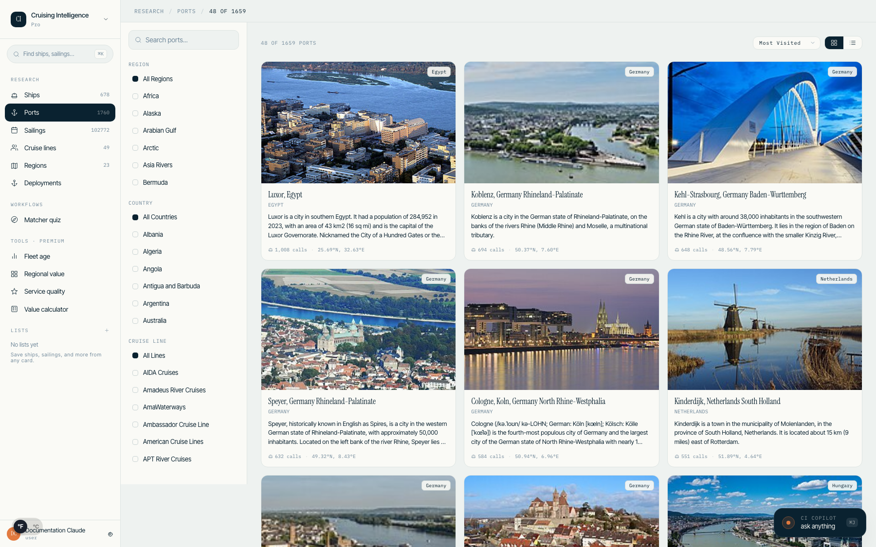 Port browser with filter rail showing country and destination filters