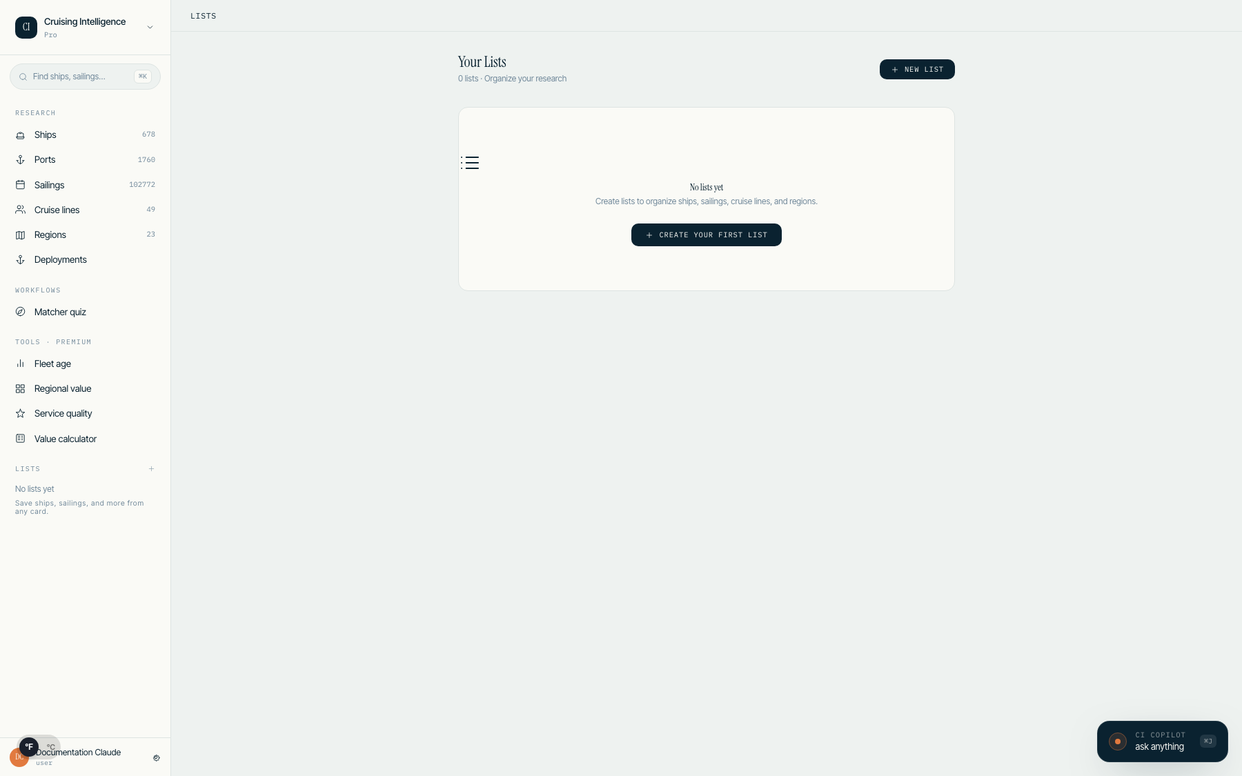 User lists page showing saved ships and sailings with notes