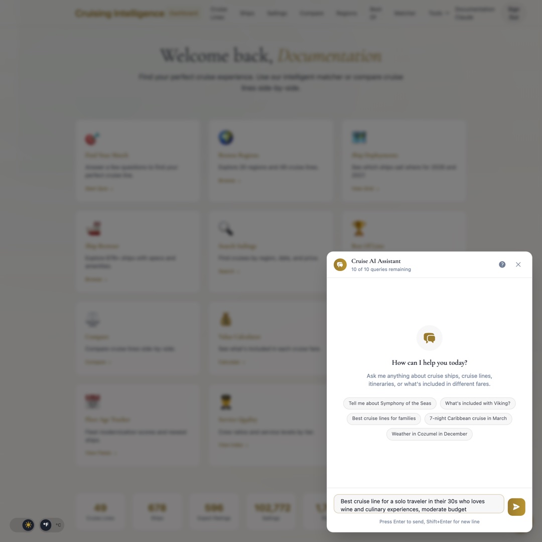 AI Chat panel with a complex cruise query